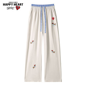 Charles Heart American Style Casual Pants for Men Spring Summer Autumn Plaid Straight Leg Long Jeans Embroidered Loose Fit