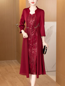 Noble Wine Red Mother-in-Law Clothing 2024 New Arrival Xi Ladieswear Wedding Reception Clothes Wedding Dress Fake Two-Piece Costume Autumn