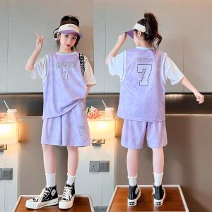 Girls Basketball Uniform Quick Dry Sports Set Short Sleeve Training Clothes Childrens Fake Two-Piece Summer Clothing