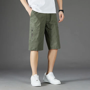 Quần short nam trung niên kaki mặc hè thoáng mát lưng thun túi khóa kéo ống rộng – Mặc ở nhà đi dạo (124)