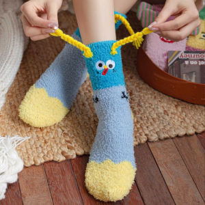 Womens Autumn Winter Christmas Cute Cartoon Embroidery Coral Fleece Socks Mid-Calf Thickened Sleep Socks Home Floor Socks
