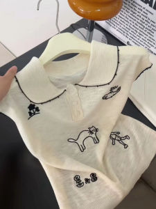 YUEZHONGWEI | Áo thun dệt kim vải lanh thêu kiểu Pháp cho nữ mùa hè mỏng ôm vừa vặn không tay polo cổ polo