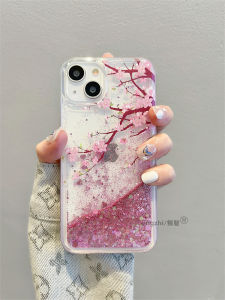 iPhone 15 pro Max Silicone Case Womens Style No-Collision Flowing Sand Peach Blossom Anti-Fall Protection Soft Shell