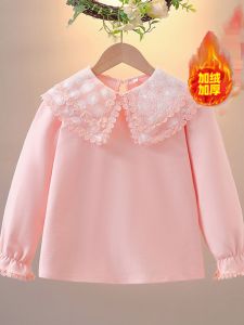 Girls Long Sleeve Fleece Lined Lace Collar Base Shirt Autumn Winter Cute Fashionable Childrens Clothing Pure Color Baby Doll Collar Top