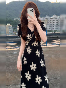 Homecore | French Elegant Floral Print Slimming V-Neck Long Dress Womens Summer Fashion Casual City Commute Outdoor Travel Streetwear