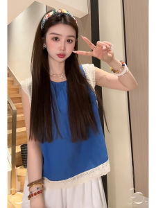 YUEZHONGWEI | Áo vest ren xanh Pháp mùa hè rộng rãi không tay áo sơ mi búp bê không dây cổ chữ V cho nữ