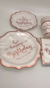 Rose Gold Disposable Tableware Happy Birthday Paper Plates Cups Napkins Kids Adult Birthday Party Men Women Anniversary Supplies