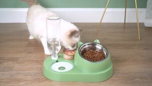 ชามให้อาหารสุนัข ชามอาหารแมว มาพร้อมที่ให้น้ำอัตโนมัต 2 in 1 Cat bowl วัสดุ PP แยกชามใส่อาหาร หนาและทนทาน ถอดซักง่าย ชามสัตว์เลี้ยง ชามแมว ถ้วยข้าวน้องแมว ชามกันมด