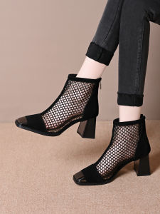 Womens Mesh Hollow out Boots Breathable Black Thick Heel Short Cool Boots Comfortable Fashion Single Shoes for Daily Wear