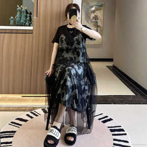 Summer 2025 Large Size Womens Fashionable Leopard Print Mesh Long Dress Midi A-Line Skirt Short Sleeve round Neck Dress
