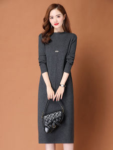 Autumn Winter Knitted Sweater Dress Womens Midi Loose Base Shirt Thinming Thickened Dress Half High Collar Long Sleeve Pure Color
