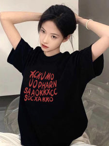 Summer Womens Pure Cotton Short Sleeve T-Shirt Loose Fit American Design Casual Print round Neck Mid-Length Top