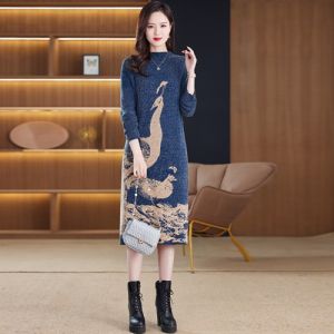 MAIMEI | Chic Knitted Midi Dress Womens Loose Fit Thickened Half High Collar Sweater Dress Korean Style Commute Fashion Autumn Winter