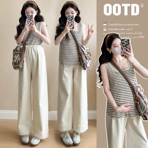 Bộ Đồ Mang Thai Thời Trang Áo Dây Sọc Áo Dài Tay Quần Dài 3 Món