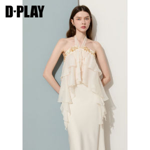 D-PLAY | Áo Blouse Chiffon Cổ Halter Quây Hoa Văn Màu Trắng Sáng Elegance