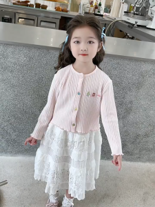 Girls Dresses Korean Style Knitted Cardigan Jacket Cartoon Sweater Childrens Long Sleeve Short Top