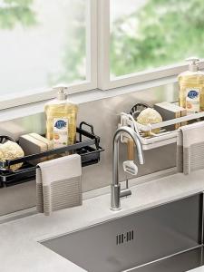 Kitchen Wall-Mounted No-Drill Storage Rack Cloth Drying Holder Faucet Sink Organizer Rustproof Carbon Steel Rectangular Shelf