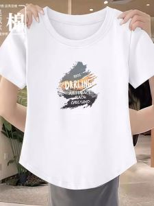 Summer New Womens Loose Fit Short Sleeve T-Shirt Pure Cotton Slimming Waist Printed Commute Style Korean Version Cotton Blend