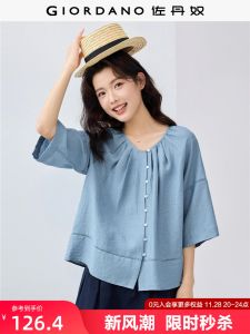 Giordano Womens Short Sleeve Shirt Cotton-Like Linen Hollow out round Neck Top Summer New Style Loose Fit Commute Artistic