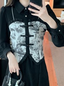 ชุดสองชิ้นคอโปโลแขนยาวสไตล์ใหม่สำหรับผู้หญิง ฤดูใบไม้ผลิ 2025 ชุดแฟชั่นสไตล์จีนย้อนยุค ชุดทำงานแบบสวมหัว