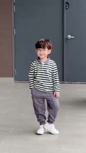 Set bộ polo tay dài kẻ ngang họa tiết thêu cáo nhỏ kèm quần dài bé trai 1 đến 7 tuổi BERNIE T0625B46