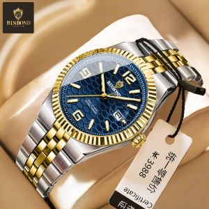 BINBOND Top Brand Luxury Men Quartz Watches Original Watch for Man Waterproof Luminous Date Week Stainless Steel Wristwatch Male
