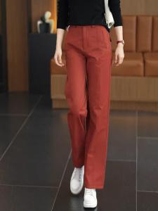 กางเกงขายาวทรงตรงเอวสูงผ้าโพลีเอสเตอร์ผสมคอตตอนสำหรับผู้หญิง กางเกงขายาวทรงตรงทรงสลิมฟิตสำหรับฤดูใบไม้ร่วงปี 2025 สีแดงอังกอร์