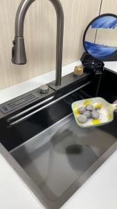 Kitchen Sink Set 304 Stainless Steel Waterfall Sink Single Bowl with Knife Holder & Pull-Out Faucet