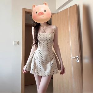 Váy Ngắn Không Tay Phong Cách Pháp Cho Nữ Mùa Hè Mới Nhỏ Nhắn Cổ Vuông Thanh Lịch Ngọt Ngào Váy Midi Chữ a Cạp Cao