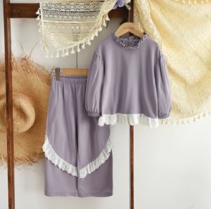 Bear Leader Purple Casual Childrens Sets Autumn Long Sleeved Lace Splicing T-shirt Top+Pants Korean Version Cute Girls Clothes
