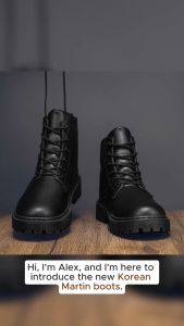 2025 New Mid Top Mens black Martin Boots British trendy Casual Thick Sole Black Leather shoes