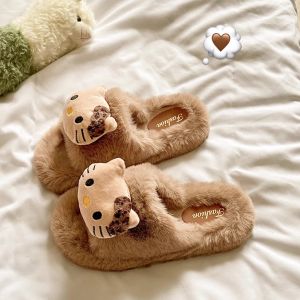 รองเท้าแตะผู้หญิงหนาและนุ่ม พื้นยางกันลื่น รองเท้าแตะผ้าฝ้ายสำหรับใส่ในบ้านในฤดูใบไม้ร่วงและฤดูหนาว รองเท้าแตะสุดน่ารักสำหรับใส่กลางแจ้ง