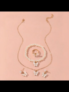 5Pcs Kids Girls Faux Pearl Jewelry Set Butterfly Flower Bow Necklace Bracelet Ring Earrings Princess Gift