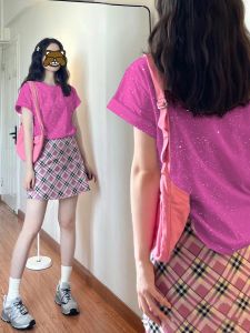 Summer Dopaamine Cotton Glitter Short Sleeve Womens Loose Slimming Starry Night Top Casual Comfortable round Neck T-shirt