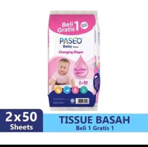 PASEO Baby Wipes 50 Lembar - Beli 1 Gratis 1 - Tisu Basah Bayi - 2x50 Lembar - Air Murni - Aman untuk Kulit Sensitif