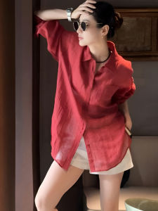 เสื้อเชิ้ตแขนยาวผ้าไหมลูกไม้สไตล์ฝรั่งเศสสำหรับผู้หญิงในช่วงฤดูร้อนปี 2024 ทรงหลวมๆ สไตล์เกาหลี ปกโปโล สีสันสดใส