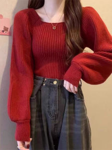 Unique Red Knitted T-Shirt Womens Base Shirt Autumn Winter Christmas Costume Sweet Style Slim Fit Long Sleeve V-Neck Top