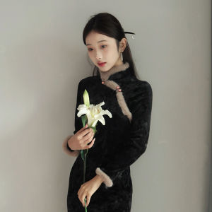 Đầm Dài Tay Dày Lót Lông Cừu Màu Đen Phong Cách Trung Hoa Mới Ôm Vừa Vặn Thanh Lịch Cổ Điển Thường Ngày Mùa Đông