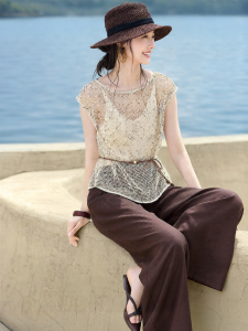 MOHANYIMEI | Summer New Design Knitted Lace Hollow Boat Neck T-Shirt Cover-Up and Wide Leg Pants Set