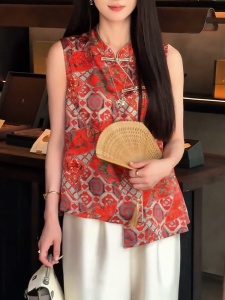 QINGNAER | Mandarin Collar Sleeveless Large Size Womens Shirt