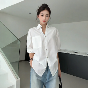 plus Size Womens Casual POLO Shirt Folded Waist Bubble Sleeve White Summer Autumn New Style Womens Fashion Shirt