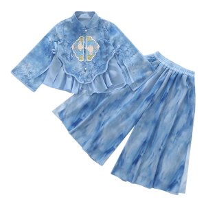 MPW | New Chinese Style Childrens Outfit Performance Suit Two-Piece Set For Girls And Boys Traditional Tang Costume Blue Moon Valley
