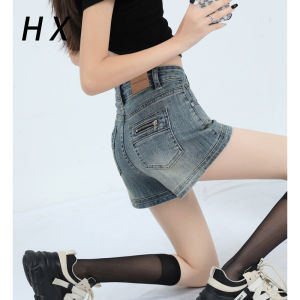 กางเกงขาสั้นยีนส์เอวสูงทรงเอเอวสูงสไตล์ย้อนยุคสไตล์อเมริกันสำหรับผู้หญิง กางเกงขาสั้นทรงเอเอวสูงทรงเอเอวสูงสำหรับผู้หญิง