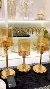 Set 3 Chân Nến Thủy Tinh Gold Retage Phong Cách Châu Âu Cổ Điển Cao Cấp