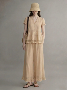 GULILI | V-Neck Ruffled Lace Trimmed Outfit Set Loose Fit