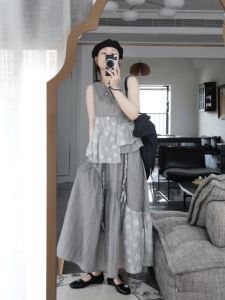 Retro Vacation Style Womens Summer Texture Asymmetrical Sleeveless Top And Half Skirt Two-Piece Set Fashionable Polyester Blend round Neck