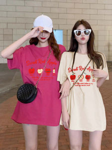 เสื้อยืดแขนสั้นผู้หญิงคอตตอนผสมผ้าฝ้ายทรงหลวมสไตล์เกาหลีสำหรับฤดูร้อน ความยาวปานกลาง เสื้อตัวบนลายพิมพ์สร้างสรรค์