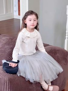 Áo dệt kim Ambb Kids bé gái thu đông cổ phối ren phong cách Hàn Quốc 24X008