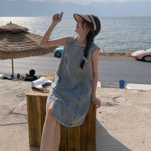 ชุดเดรสยีนส์แขนกุดสไตล์จีนใหม่สำหรับผู้หญิงในช่วงฤดูร้อนปี 2025 ทรงสลิมฟิต กระโปรงทรงเอ กระโปรงสั้น กระโปรงทรงเอ