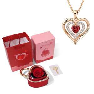 Heart-Shaped Padlock Preserved Rose Jewelry Box - Valentines Day Gift with Necklace Included Romantic Keepsake Container